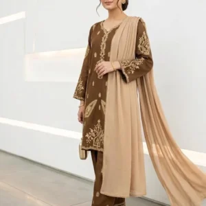 Brown Embroidered 3-Piece Cotton Lawn Suit for Women