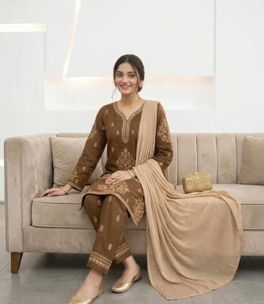 Brown Embroidered 3-Piece Cotton Lawn Suit for Women - Image 3