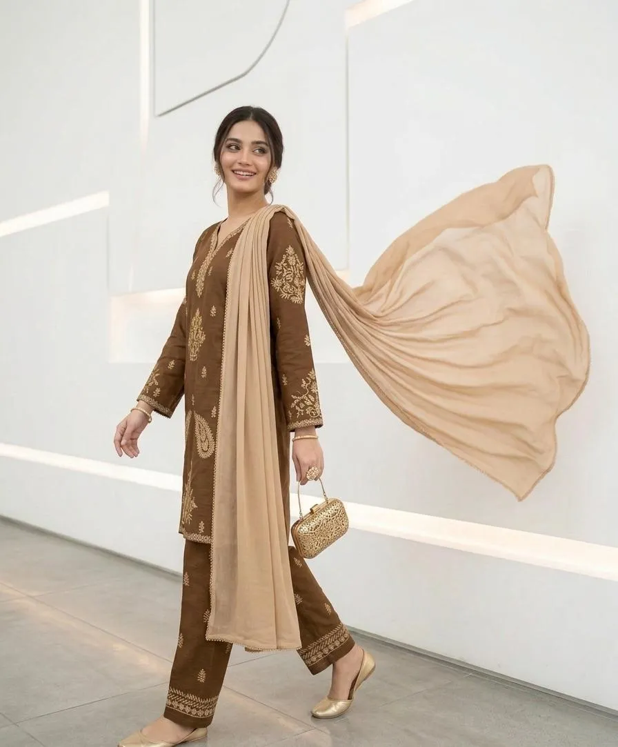 Brown Embroidered 3-Piece Cotton Lawn Suit for Women - Image 4