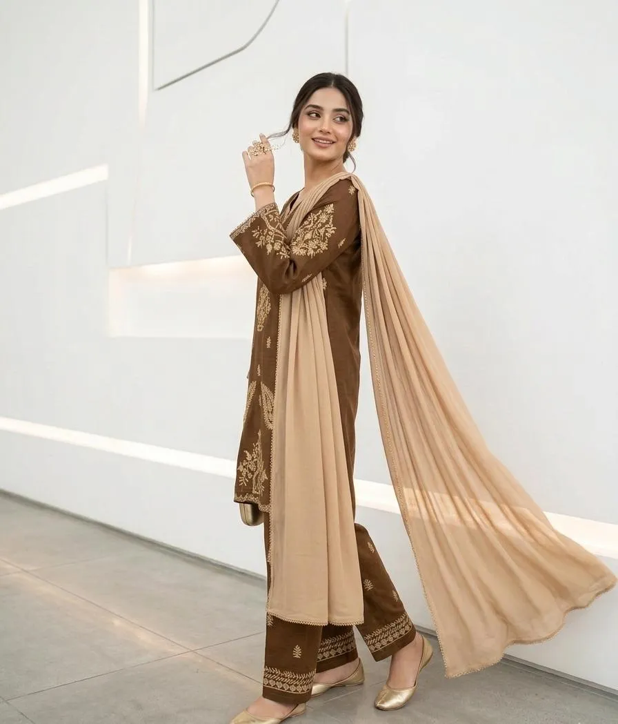Brown Embroidered 3-Piece Cotton Lawn Suit for Women - Image 5