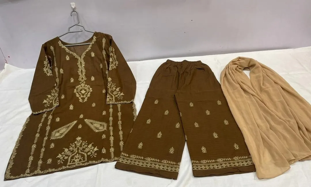 Brown Embroidered 3-Piece Cotton Lawn Suit for Women - Image 6
