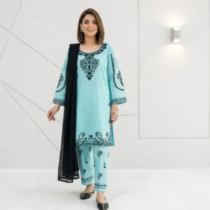 Blue Embroidered Cotton Lawn 3Pcs Set