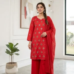 Red Embroidered Kurta Pajama Set for Women