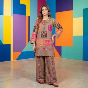 Pakistani Printed Embroidered Kurta Pajama Set Brown Floral