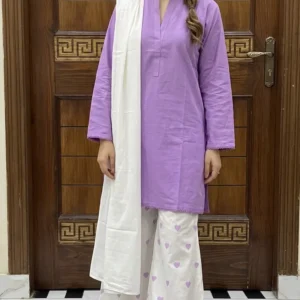 3Pcs Women's Stitched Cotton Lawn Block Printed Suit Viral Heart Printed with Lace