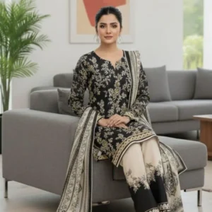 Pakistani Floral Embroidered Kurta Set with Shawl