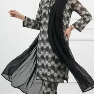 Black Printed Lawn 3Pcs Women Suit with Chiffon Dupatta