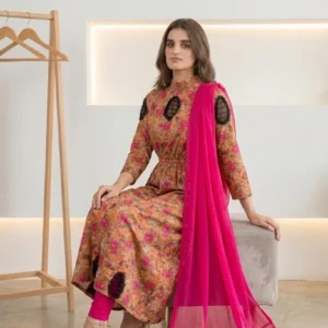 Multicolor Lawn Digital Print Maxi Set with Chiffon Dupatta