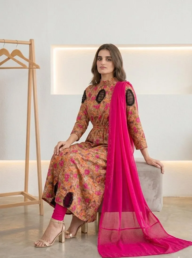 Multicolor Lawn Digital Print Maxi Set with Chiffon Dupatta