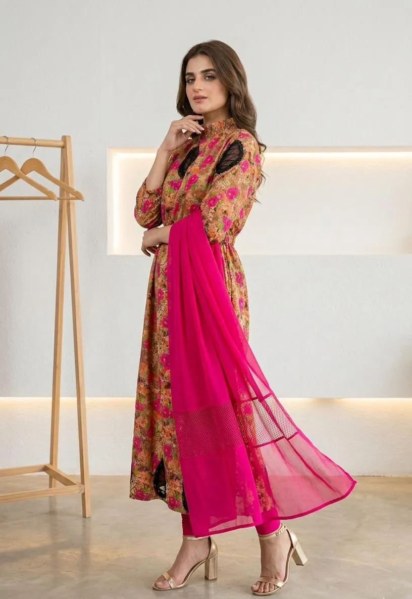 Multicolor Lawn Digital Print Maxi Set with Chiffon Dupatta - Image 3