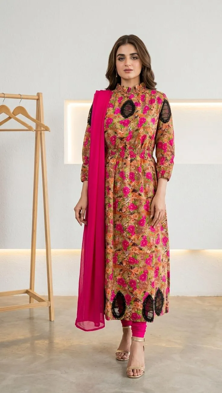 Multicolor Lawn Digital Print Maxi Set with Chiffon Dupatta - Image 4