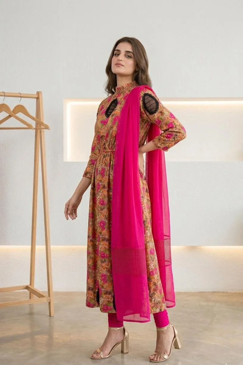 Multicolor Lawn Digital Print Maxi Set with Chiffon Dupatta - Image 6