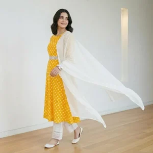 Yellow Block Printed Arabic Lawn 3Pcs Maxi Set