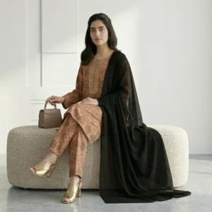 Peach Printed Linen 3Pcs Set with Chiffon Dupatta