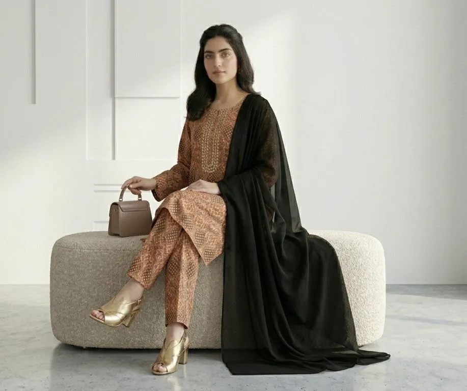 Peach Printed Linen 3Pcs Set with Chiffon Dupatta