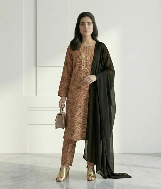 Peach Printed Linen 3Pcs Set with Chiffon Dupatta - Image 3
