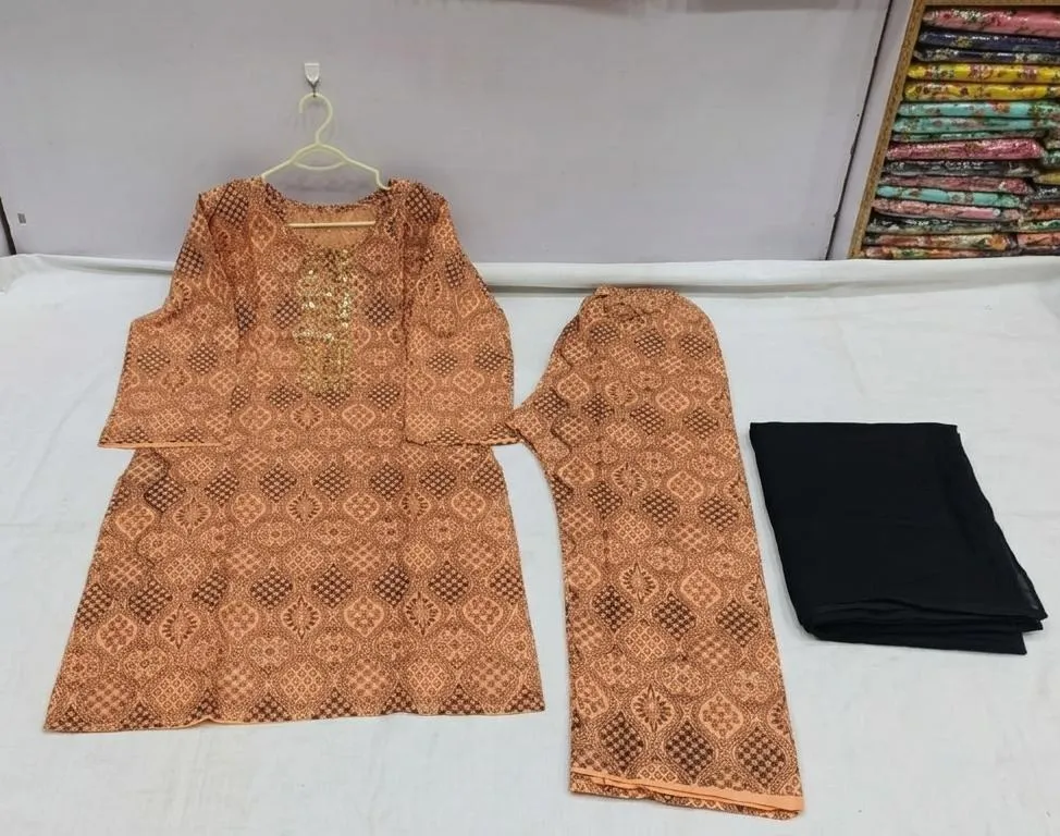 Peach Printed Linen 3Pcs Set with Chiffon Dupatta - Image 4