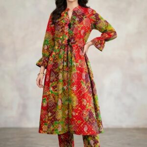 2 Pcs Women's Stitched poly Cotton Printed Frock And Trouser