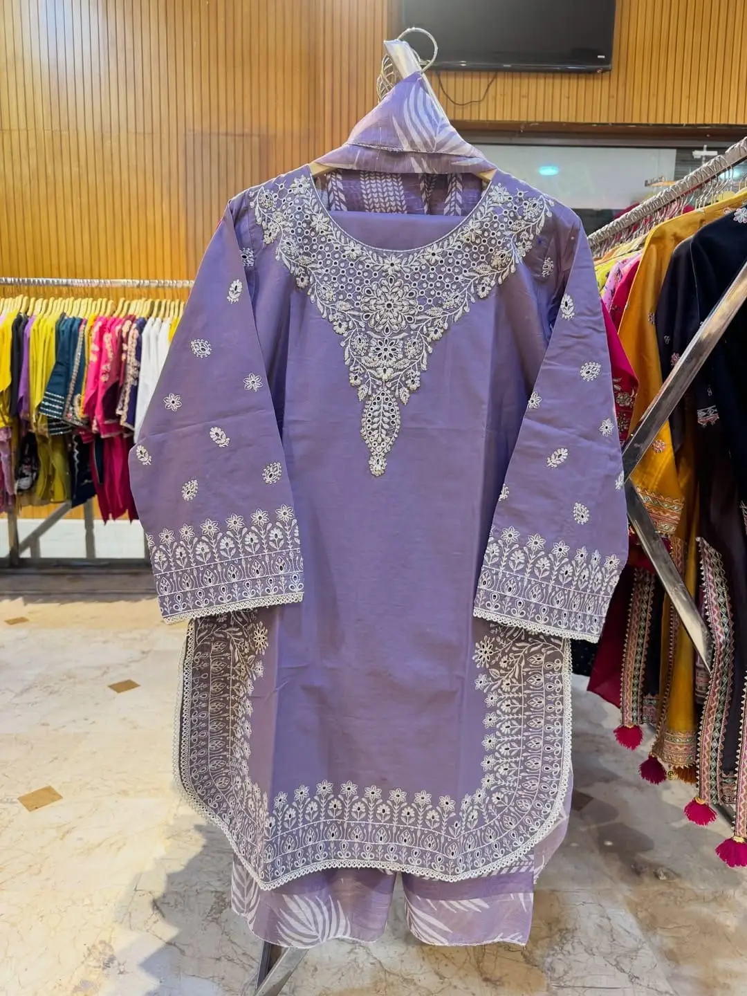 3 Pcs Women's Stitched Cotton Lawn Embroidered Suit - Image 6