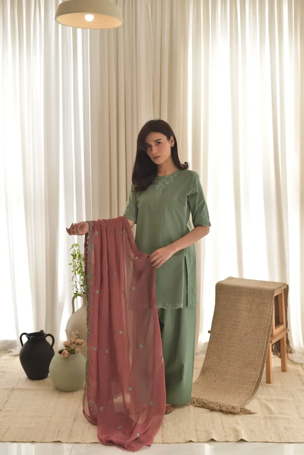 3 Pcs Women's Stitched Cotton Lawn Embroidered Suit - Image 3