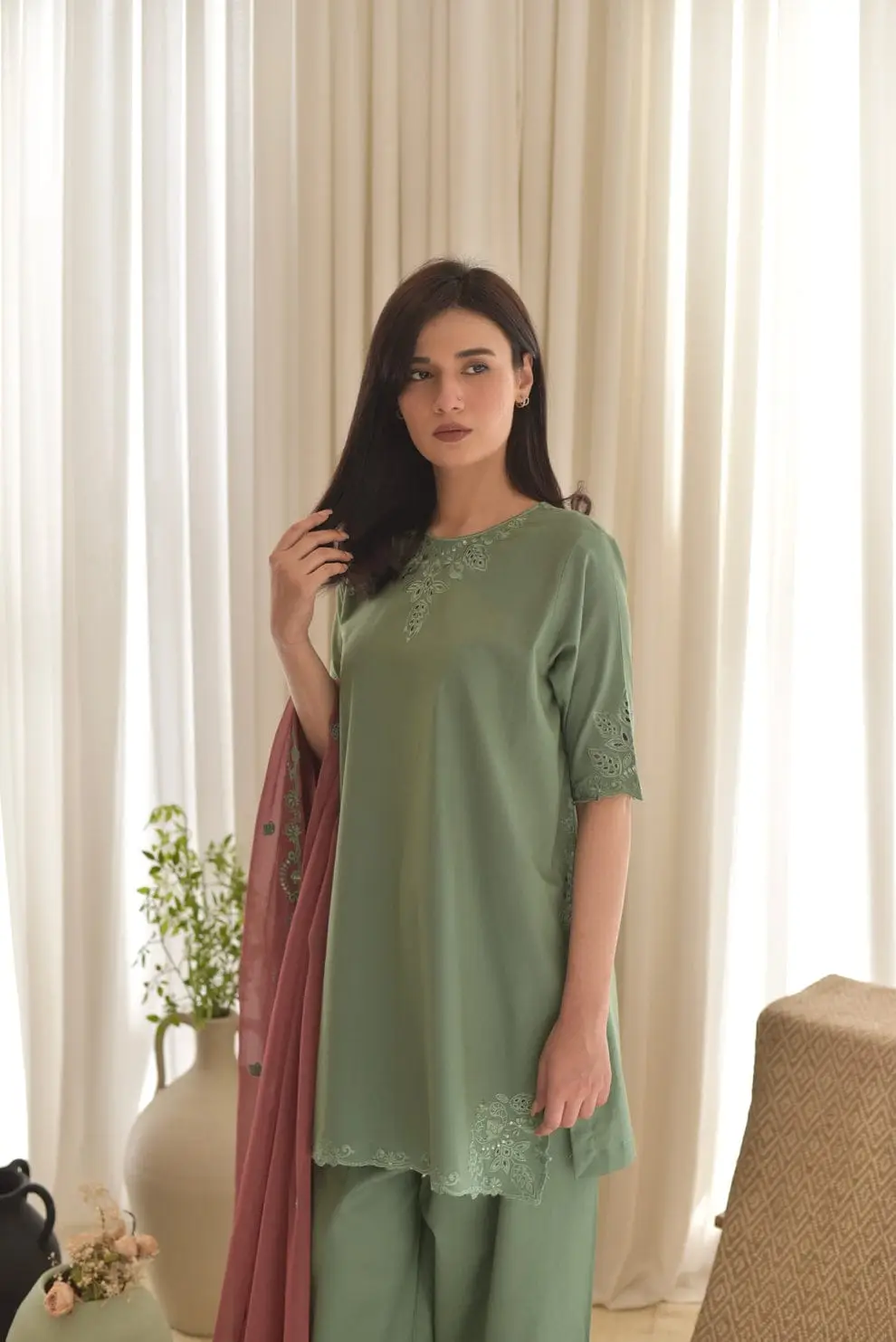 3 Pcs Women's Stitched Cotton Lawn Embroidered Suit - Image 4