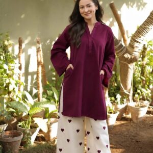 2 Pcs Women's Stitched Cotton Lawn Plain Shirt And Trouser Purple
