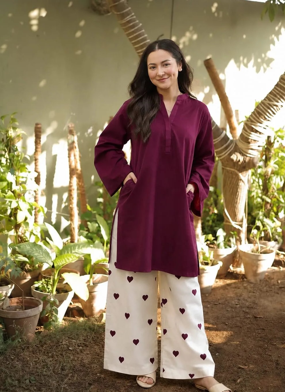 2 Pcs Women's Stitched Cotton Lawn Plain Shirt And Trouser Purple