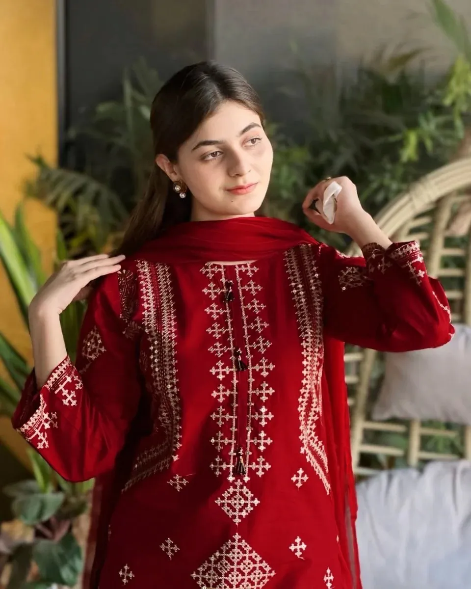 3 Pcs Women's Stitched Cotton Embroidered Suit - Image 2