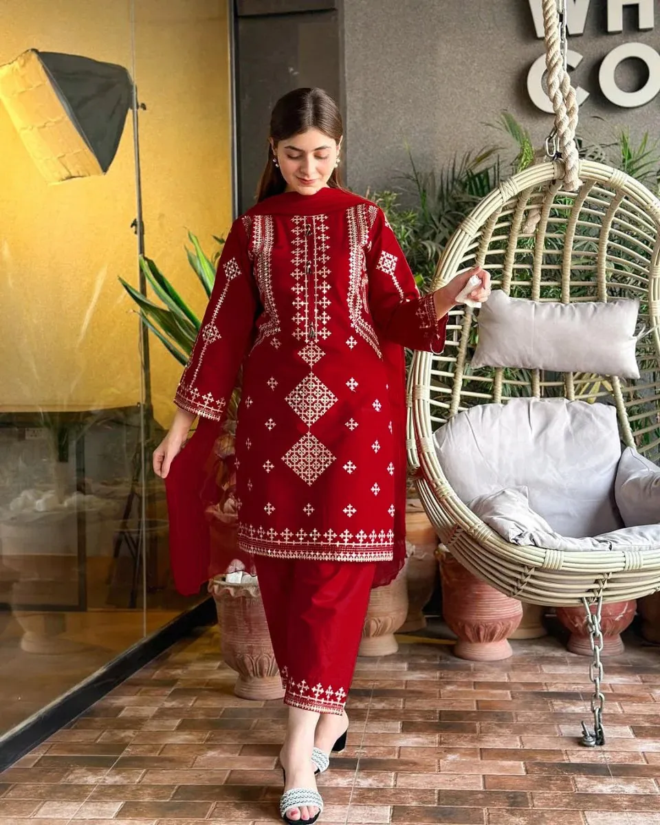 3 Pcs Women's Stitched Cotton Embroidered Suit - Image 3