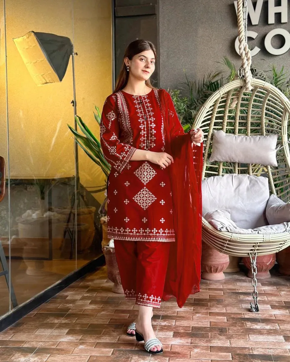 3 Pcs Women's Stitched Cotton Embroidered Suit - Image 4