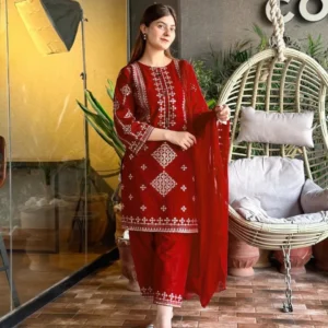 3 Pcs Women's Stitched Cotton Embroidered Suit