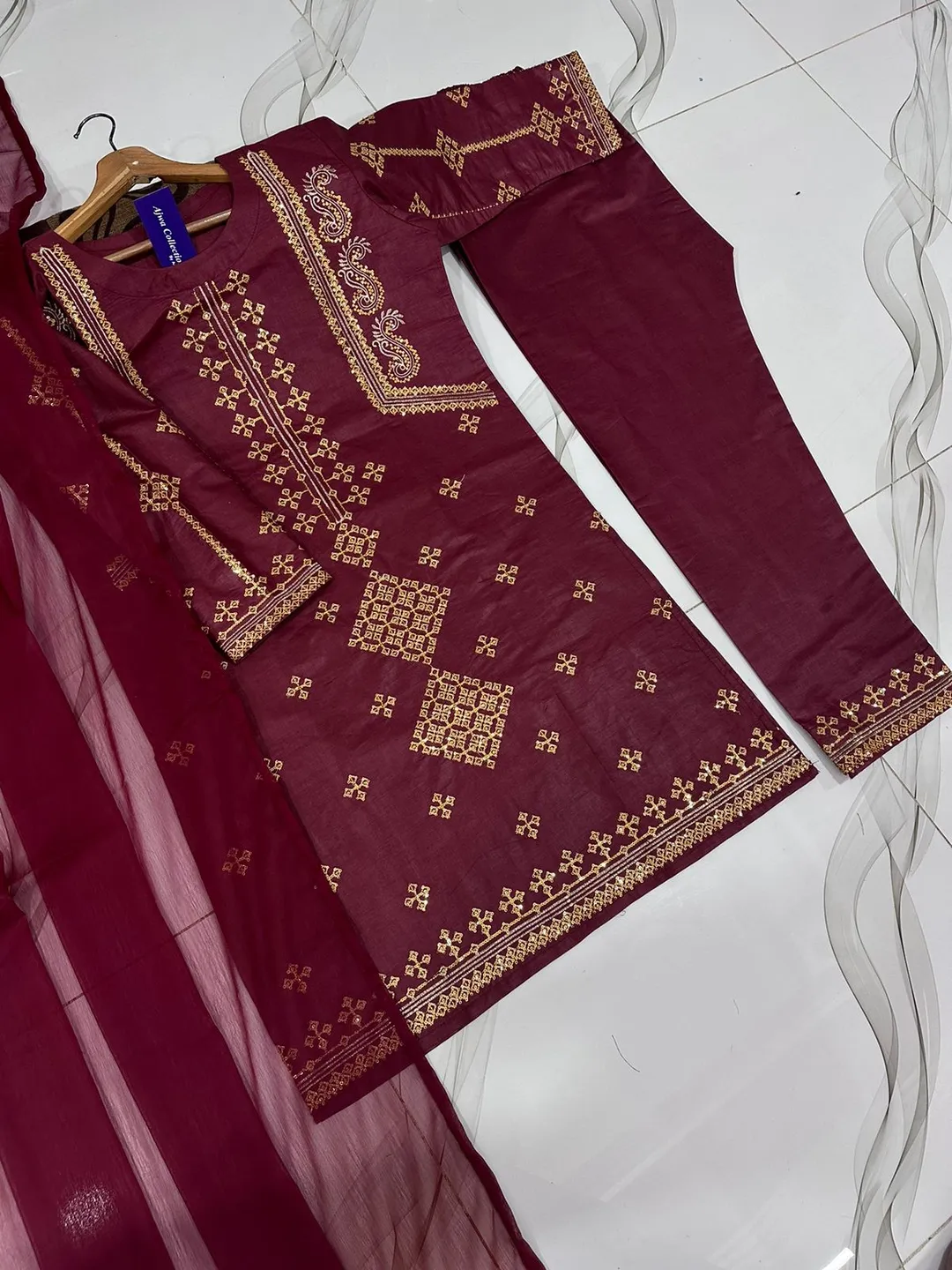 3 Pcs Women's Stitched Cotton Embroidered Suit - Image 5
