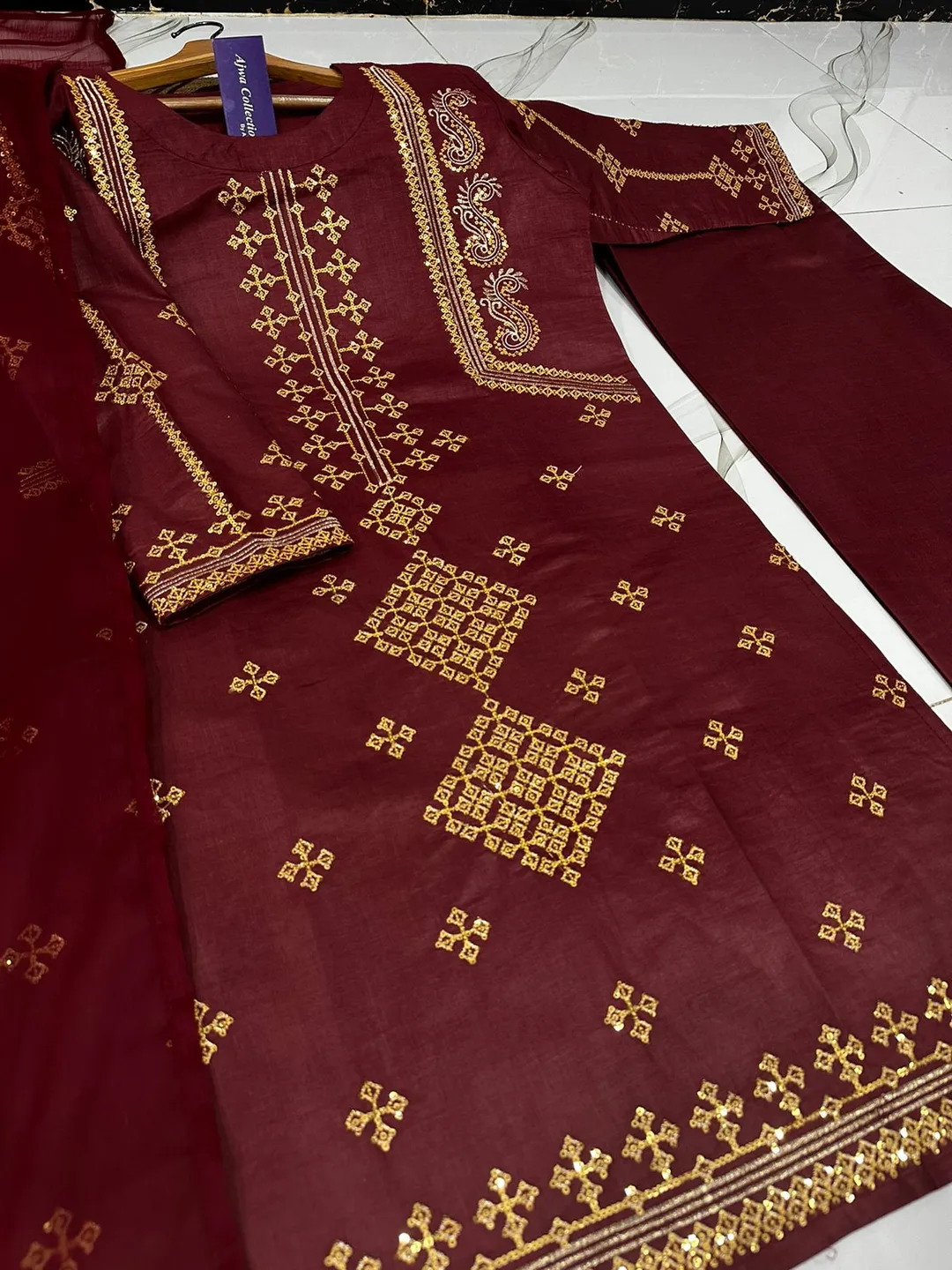 3 Pcs Women's Stitched Cotton Embroidered Suit - Image 6