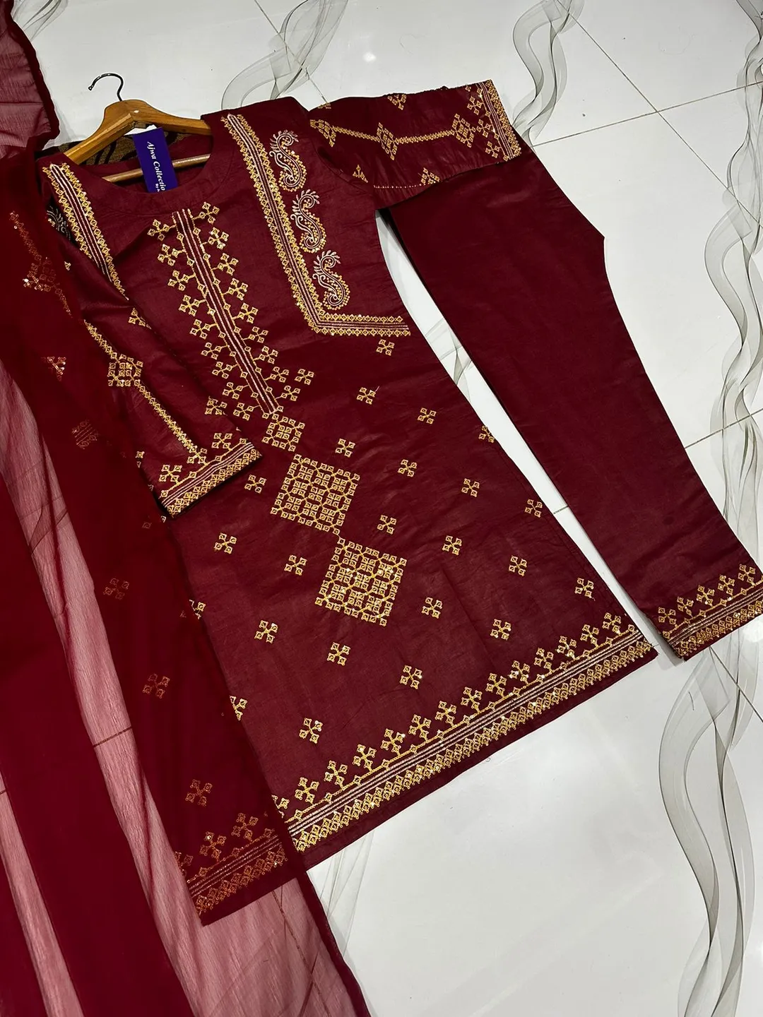 3 Pcs Women's Stitched Cotton Embroidered Suit - Image 7