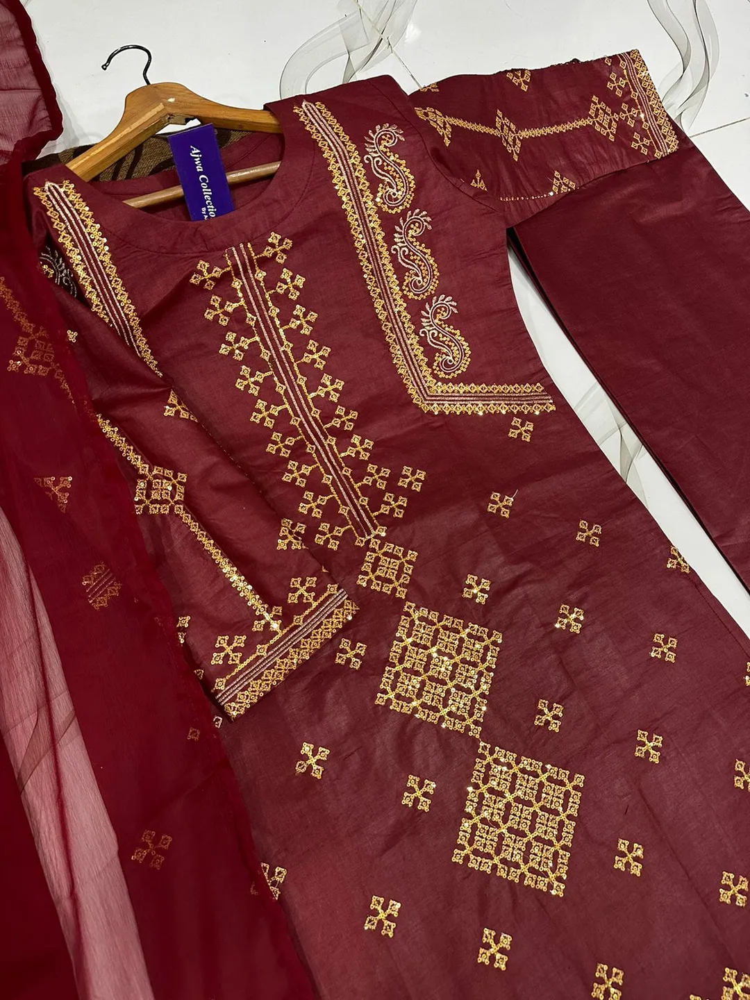 3 Pcs Women's Stitched Cotton Embroidered Suit - Image 8