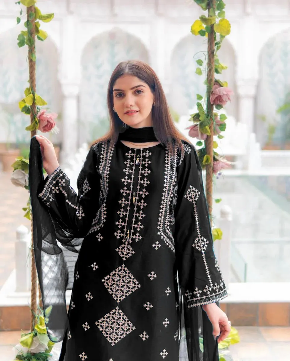 3 Pcs Women's Stitched Cotton Embroidered Suit - Image 2