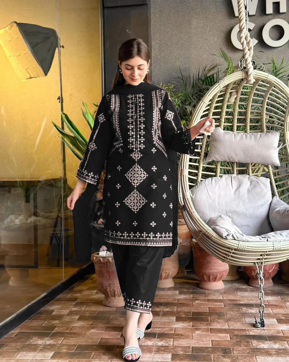 3 Pcs Women's Stitched Cotton Embroidered Suit - Image 3
