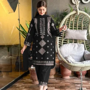 3 Pcs Women's Stitched Cotton Embroidered Suit