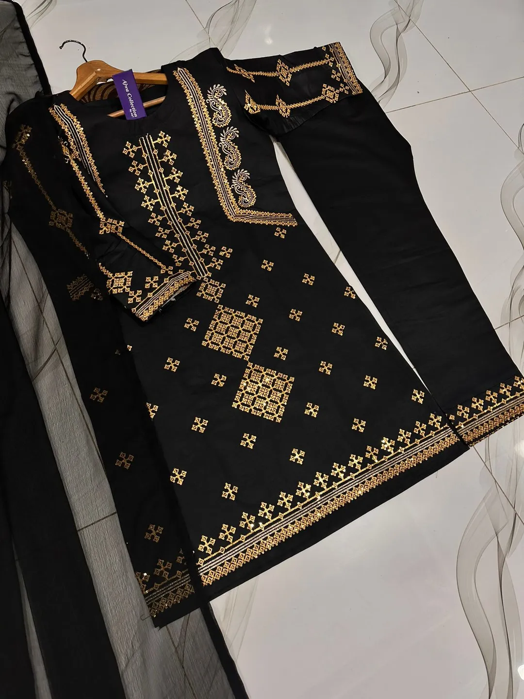 3 Pcs Women's Stitched Cotton Embroidered Suit - Image 4