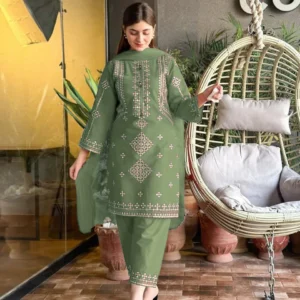 3 Pcs Women's Stitched Cotton Embroidered Suit