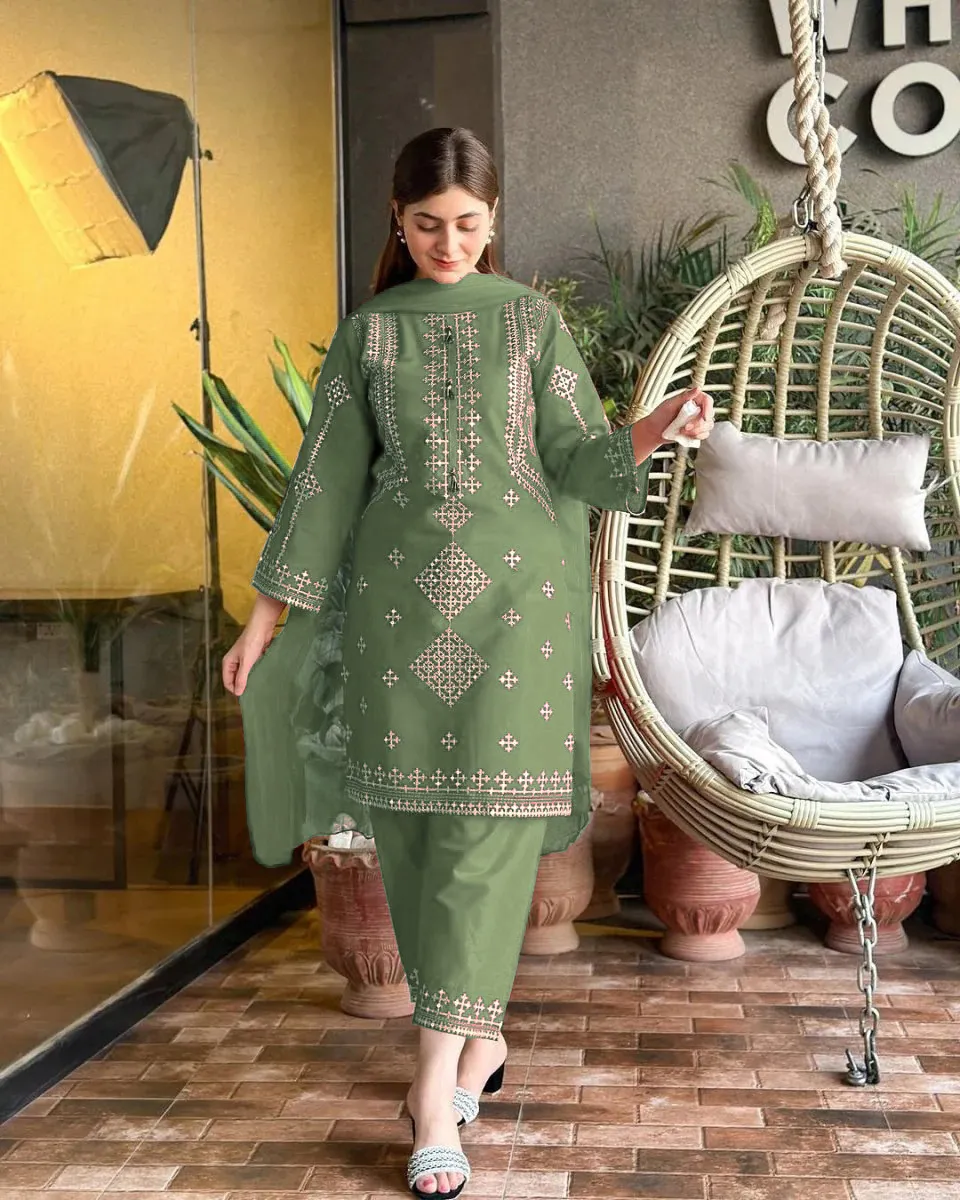 3 Pcs Women's Stitched Cotton Embroidered Suit