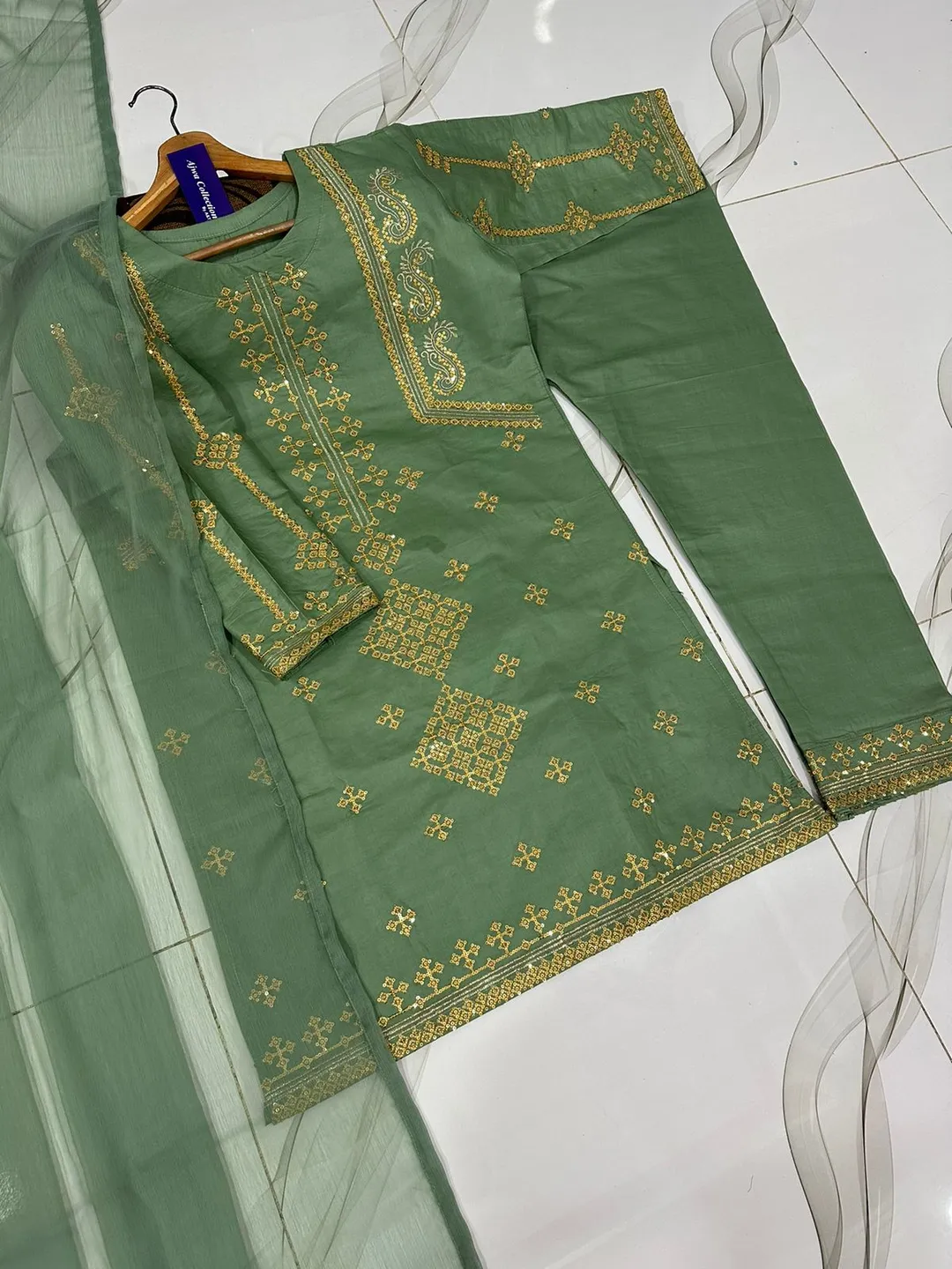3 Pcs Women's Stitched Cotton Embroidered Suit - Image 3