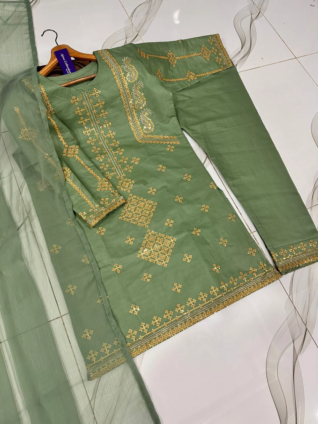 3 Pcs Women's Stitched Cotton Embroidered Suit - Image 4
