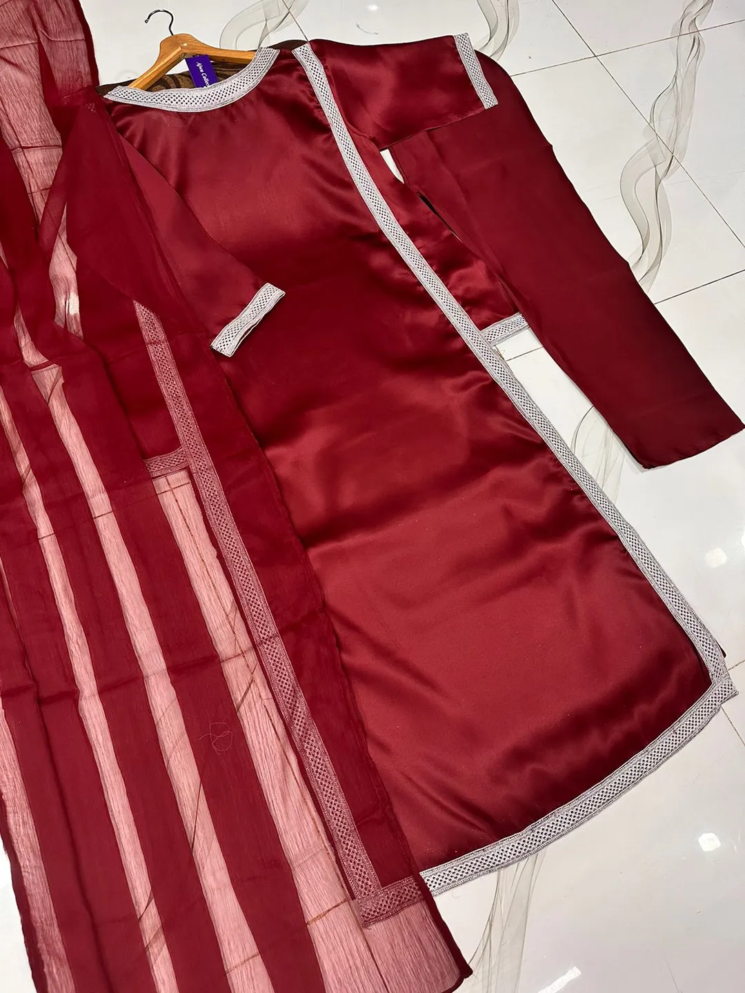 3 Pcs Women's Stitched Silk Lace Work Suit - Image 6