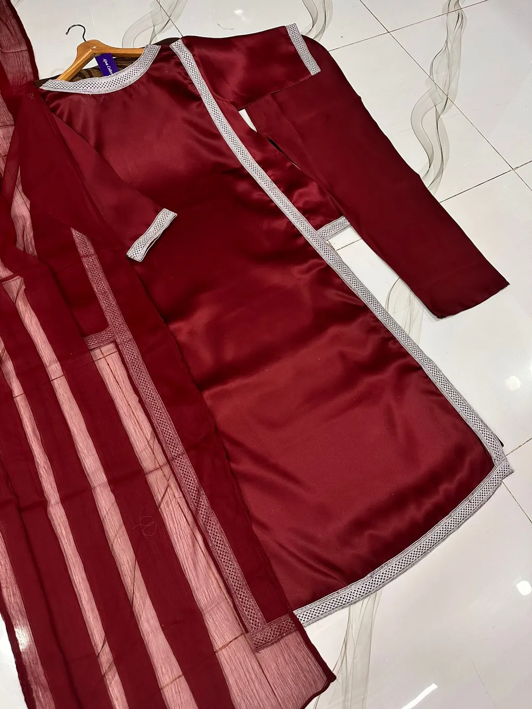 3 Pcs Women's Stitched Silk Lace Work Suit - Image 2