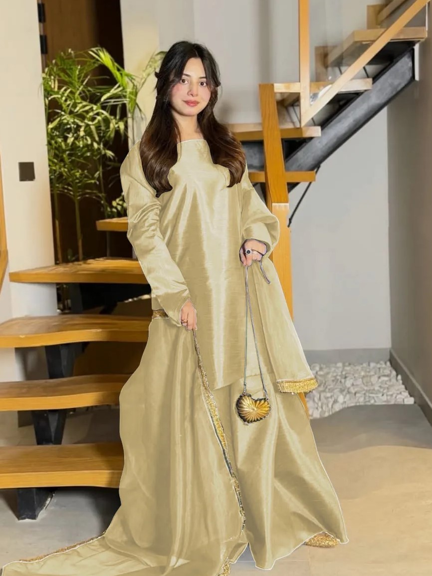 3 Pcs Women's Stitched Silk Lace Work Suit - Image 4