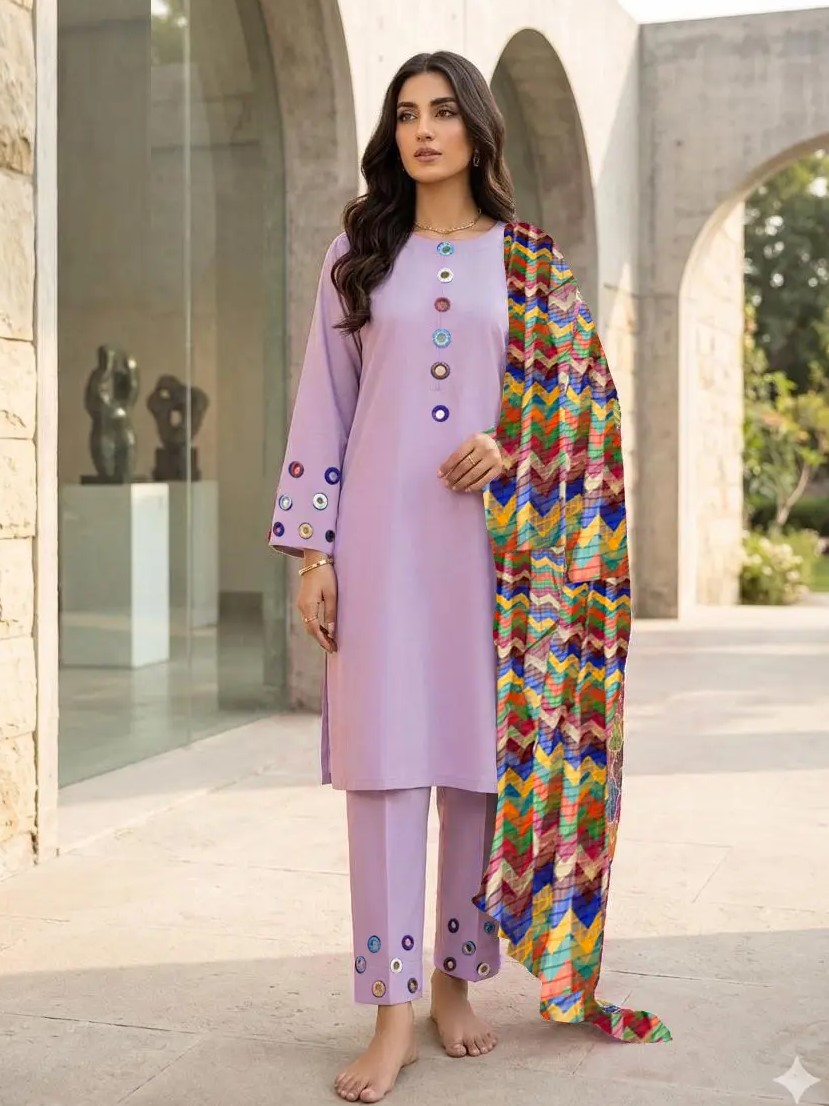 3 Pcs Women's Stitched Cotton Sheesha Work Suit