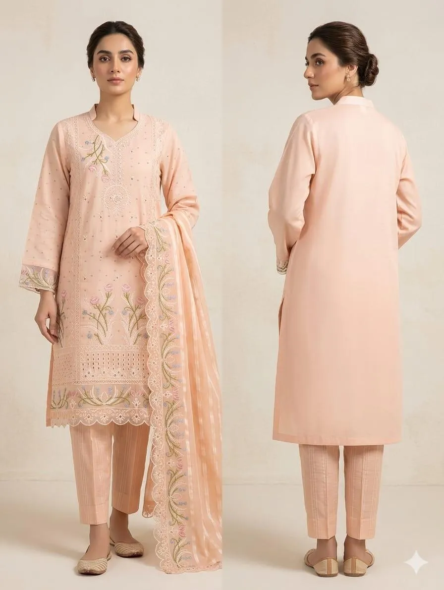Peach Embroidered 3Pcs Cotton Lawn Suit with Dupatta