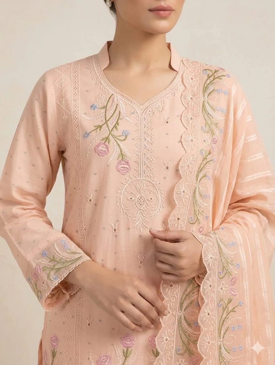 Peach Embroidered 3Pcs Cotton Lawn Suit with Dupatta - Image 3