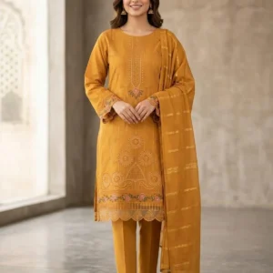 Mustard Embroidered 3Pcs Cotton Lawn Suit